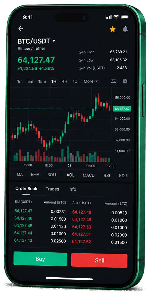 Mirezanto trading platform on mobile — live BTC/USDT chart, order book, and buy/sell interface